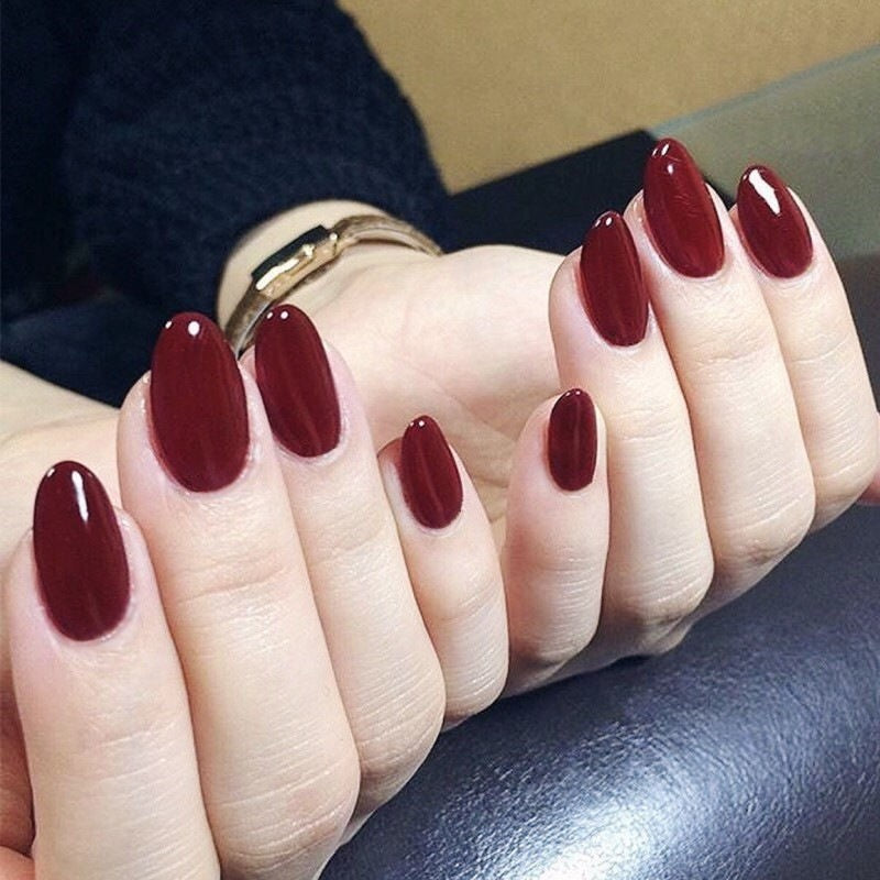 Claret Shiny Red Solid Color Medium Oval Press On Nails
