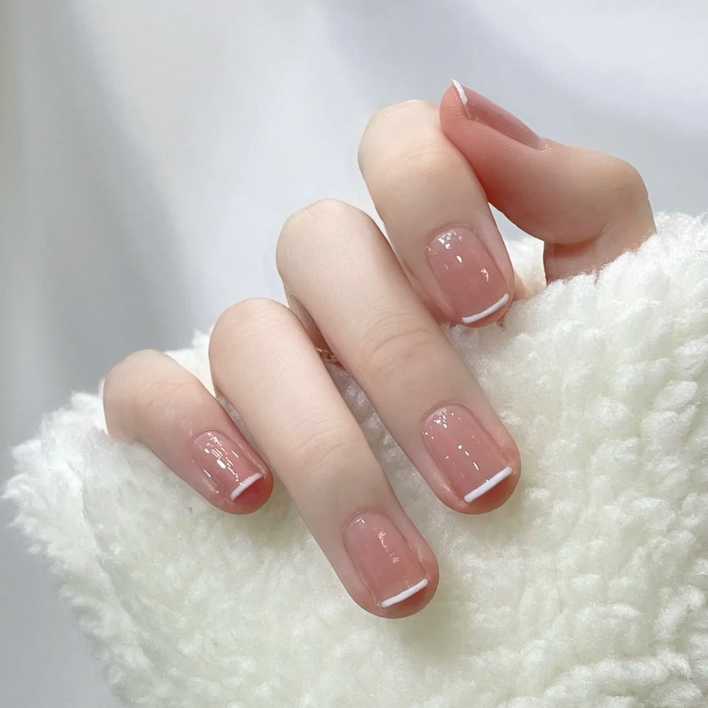 Gentle Pink French Tip Short Squoval Press On Nails - BettyCora