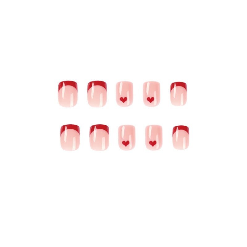 Pink Heart French Tip Short Squoval Press On Nails - BettyCora