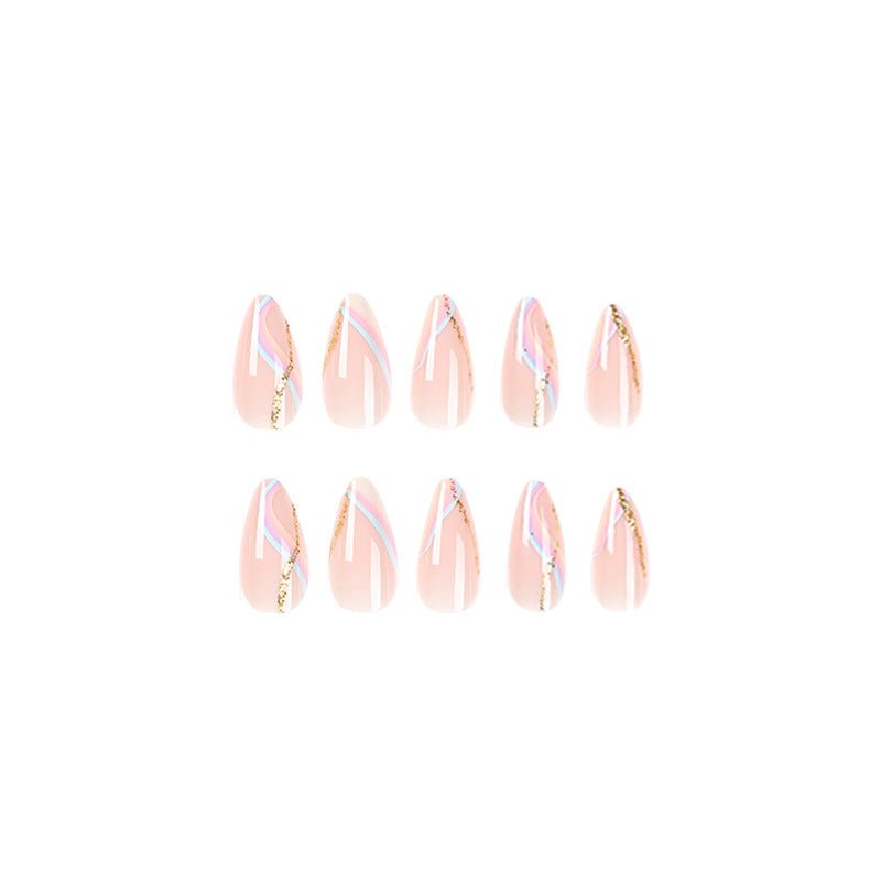 Glitter Wave Line Pink Medium Almond Press On Nails - BettyCora