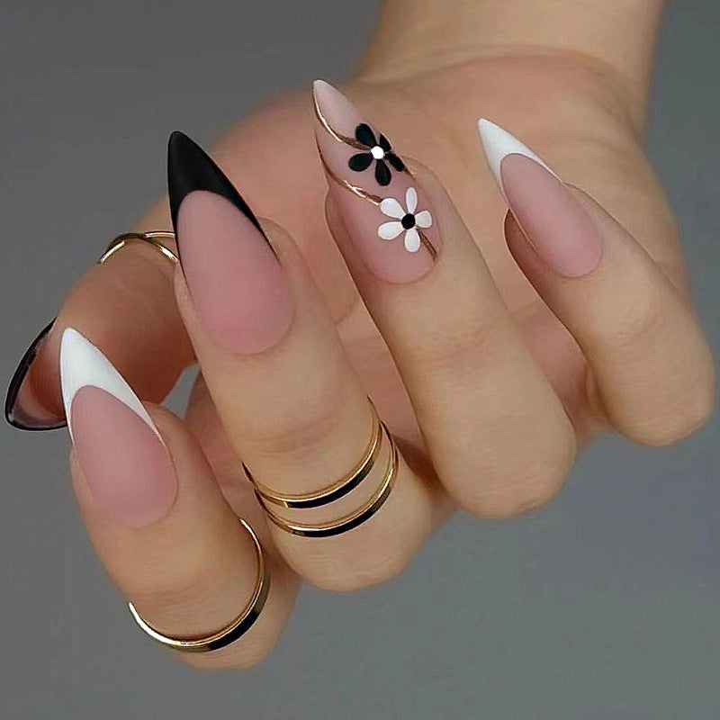 Black And White Color Blocking Flower Medium Almond Press On Nails