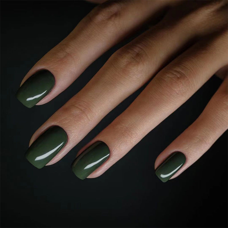 Dark Green Solid Color Short Squoval Press On Nails - BettyCora