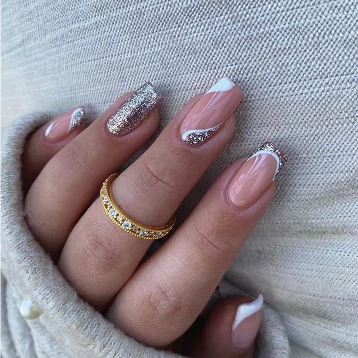 Glitter French Tips Silver Medium Square Press On Nails - BettyCora