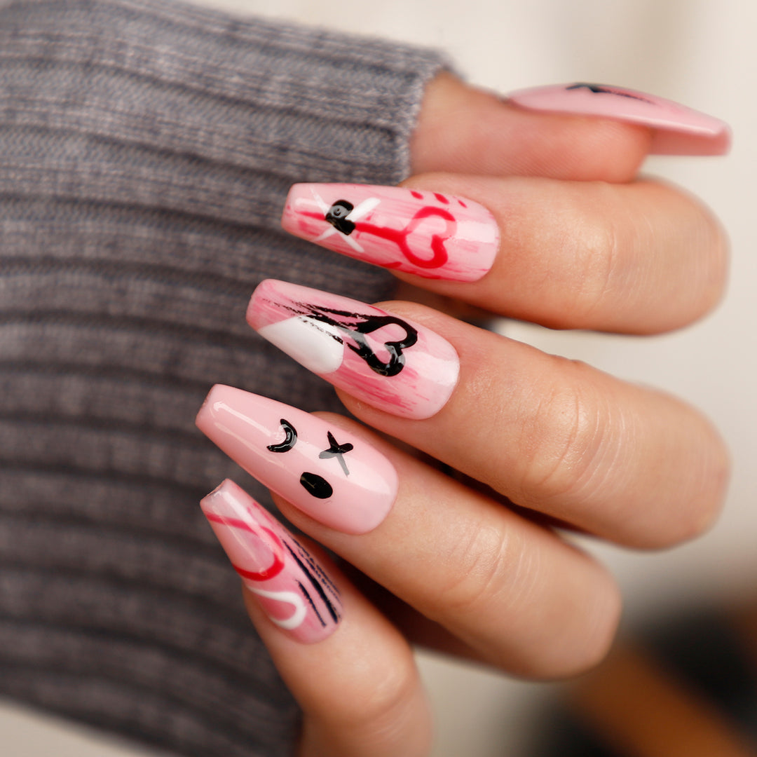 Love Smiling Face Pink Medium Coffin Press On Nails