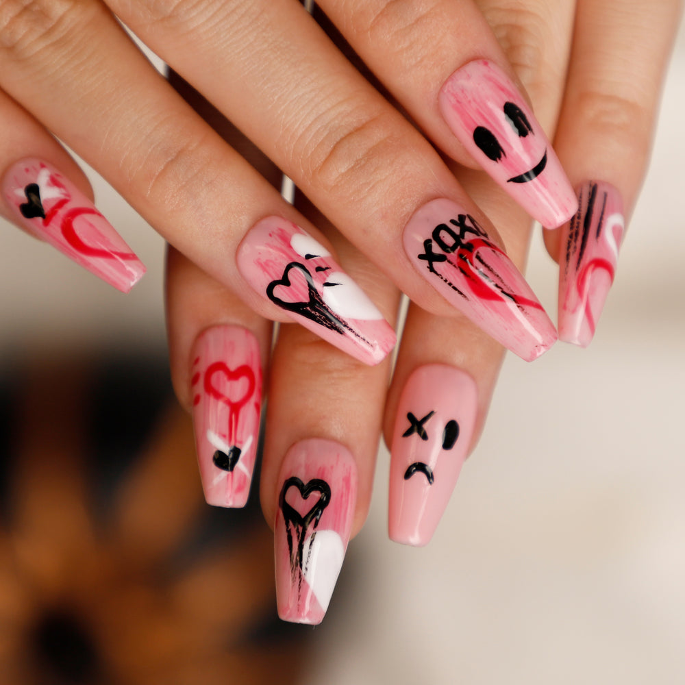 Love Smiling Face Pink Medium Coffin Press On Nails - BettyCora