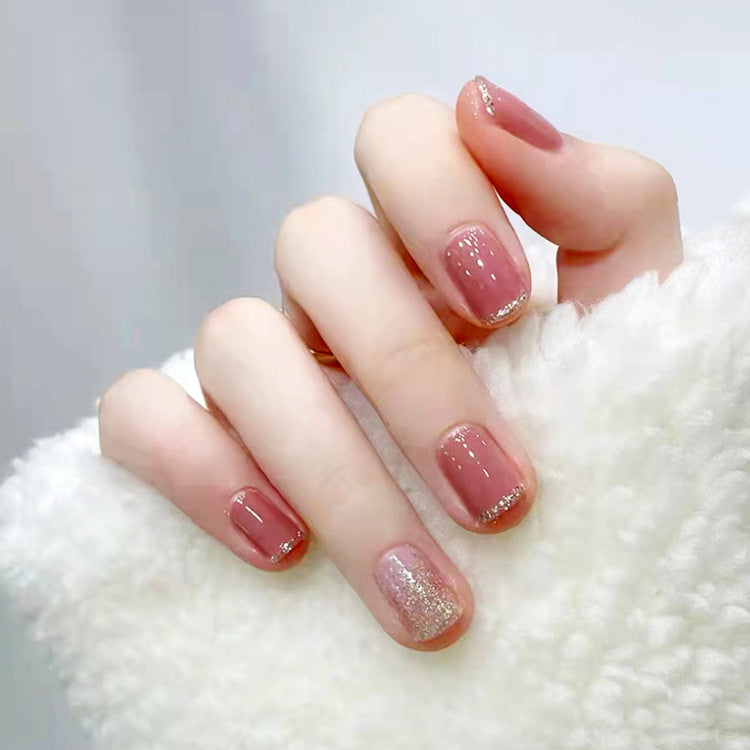 Glitter Pink French Tip Short Squoval Press On Nails