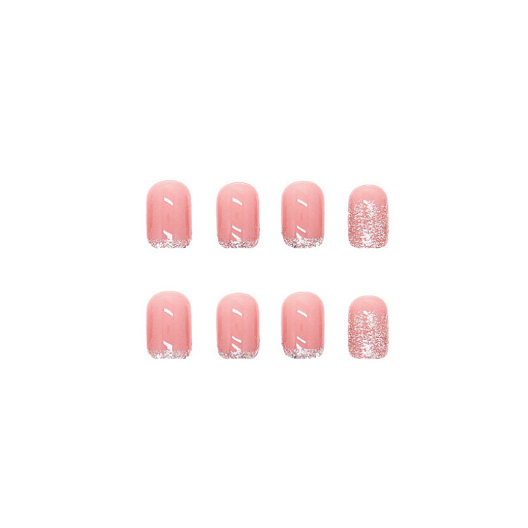 Glitter Pink French Tip Short Squoval Press On Nails - BettyCora