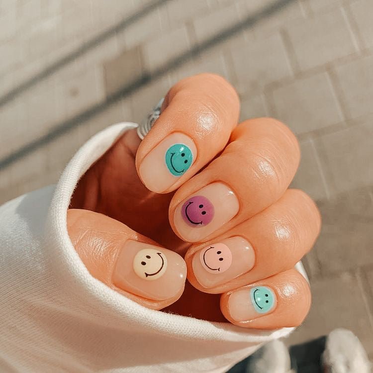 Multi-color Smiley Short Squoval Press On Nails - BettyCora