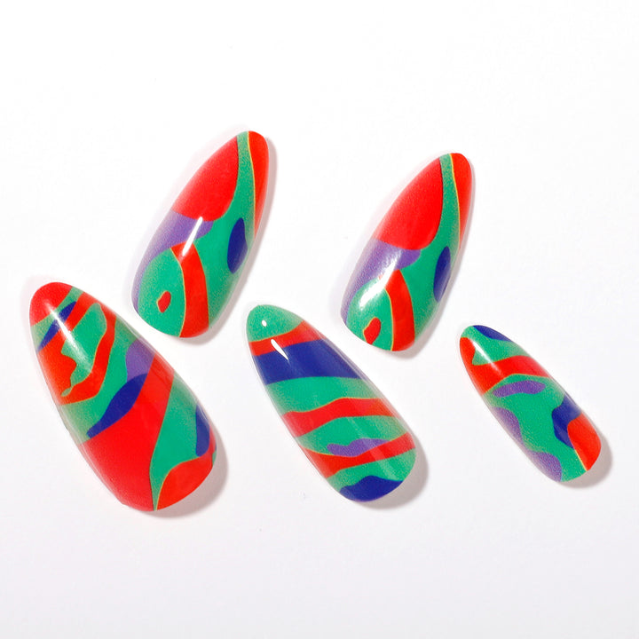 Multicolor Irregular Stripes Medium Almond Press On Nails - BettyCora