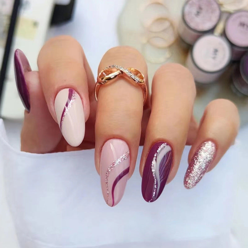 Glitter Elegant Line Purple Medium Almond Press On Nails