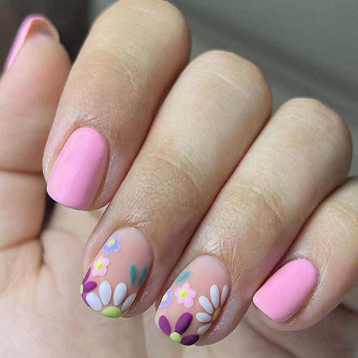 Bettycora Pink Flower Garden Oval Nails - BettyCora