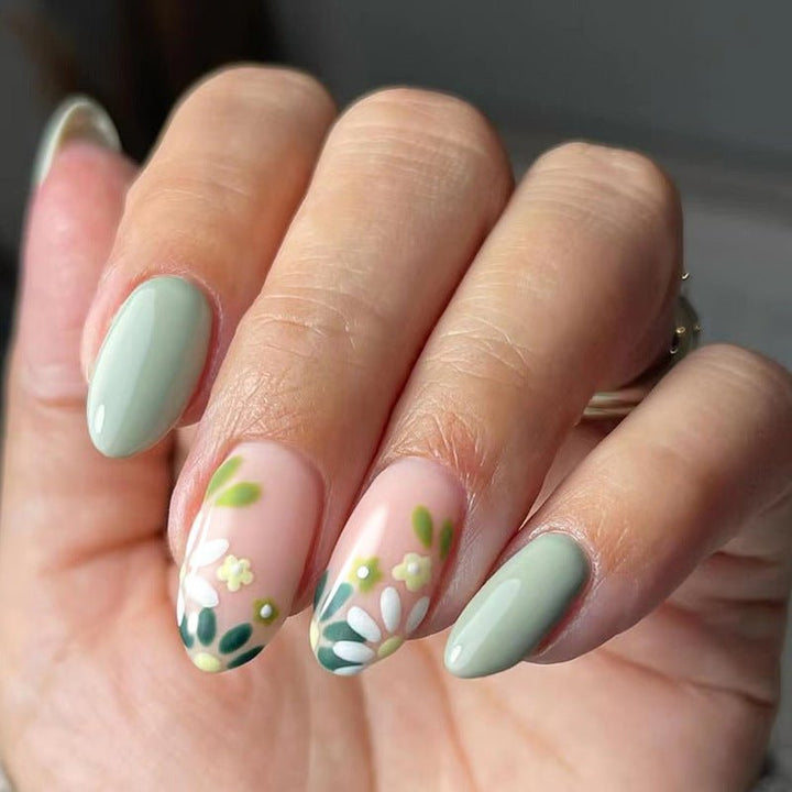 Bettycora Green Flower Garden Oval Nails - BettyCora