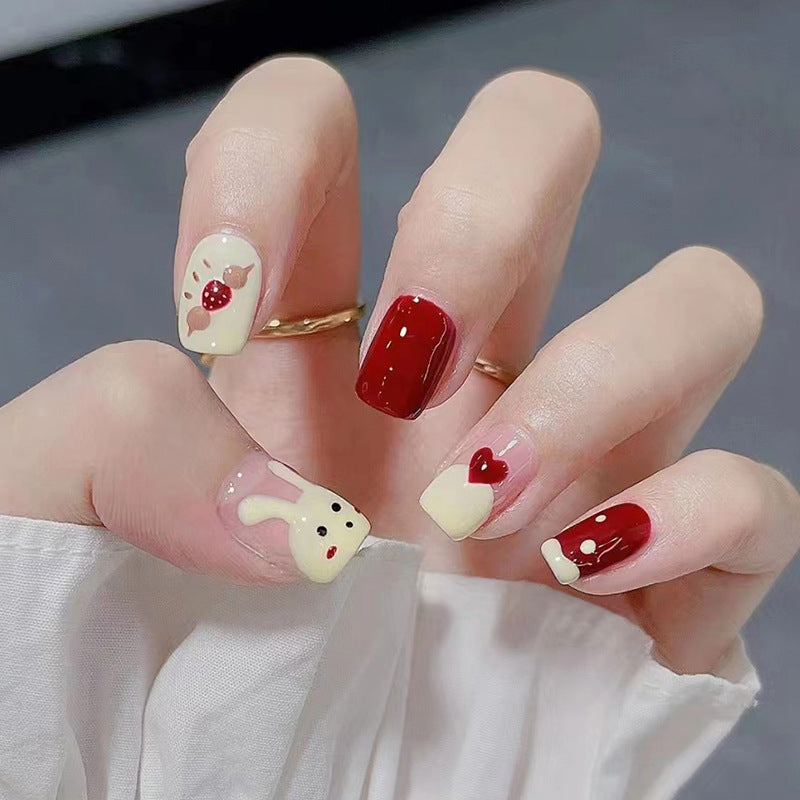 Lovely Easter Bunny Cartoon Red Short Squoval Press On Nails - BettyCora