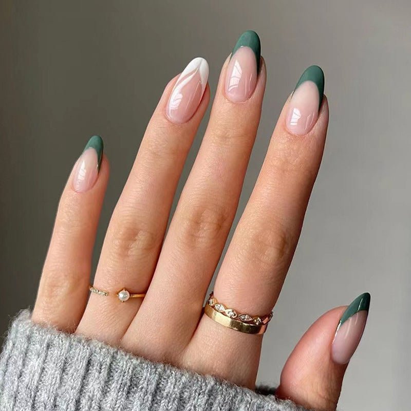 Bettycora Green Nature Acrylic nails, Short French Fake Nails