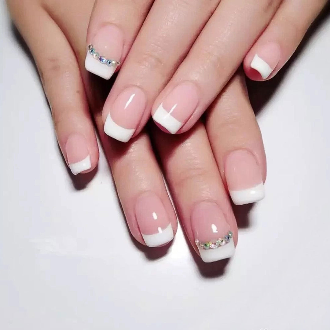White Sequins French Tip Short Squoval Press On Nails