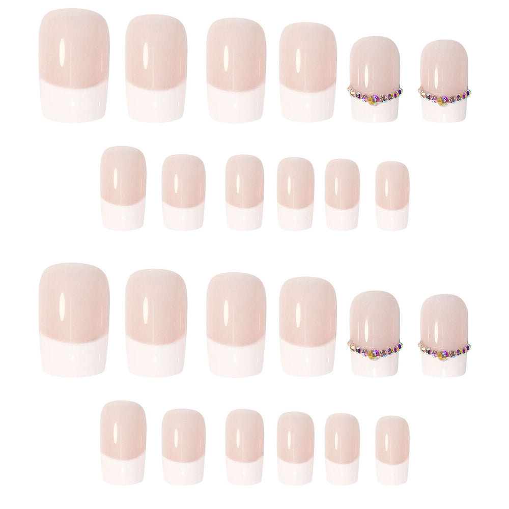 White Sequins French Tip Short Squoval Press On Nails - BettyCora