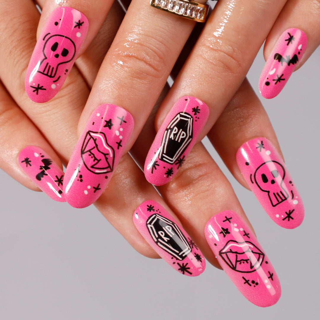 Pink Halloween Ghost Bat Tombstone Long Oval Press On Nails - BettyCora