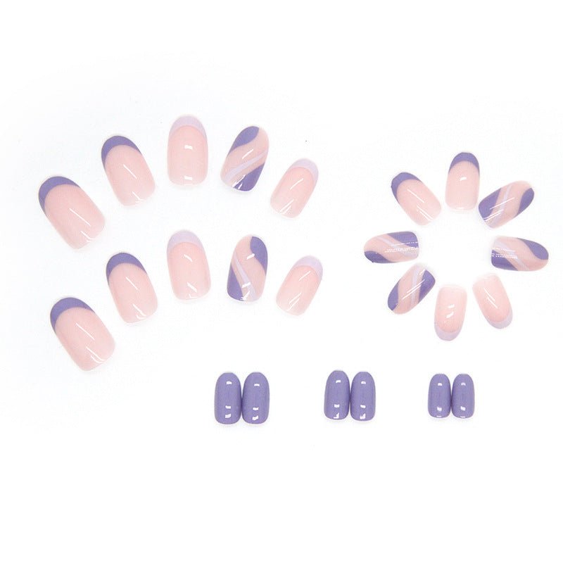 Pink Purple Ripple French Short Oval Press On Nails - BettyCora