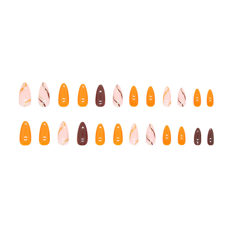 Warm Glitter Wave Line Orange Medium Almond Press On Nails - BettyCora