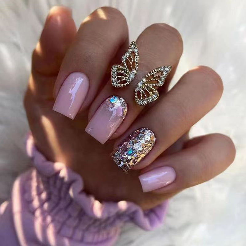 Sweet Glitter Cool Pink Short Squoval Press On Nails