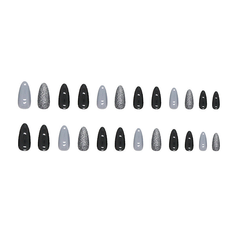 Sweet Glitter Cool Grey Solid Color Medium Almond Press On Nails - BettyCora