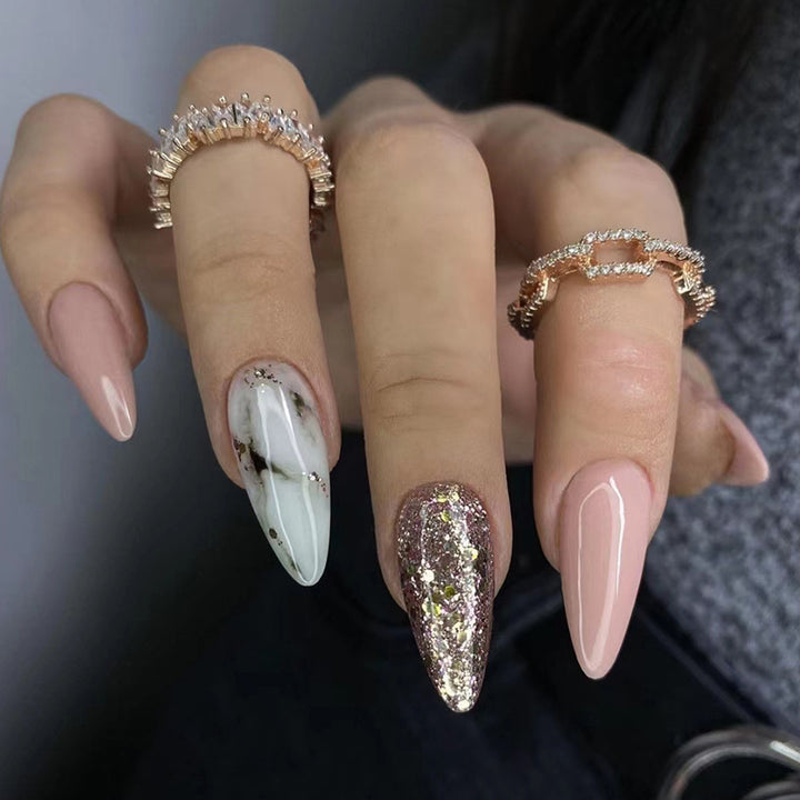 Glitter Gold Medium Almond Press On Nails - BettyCora