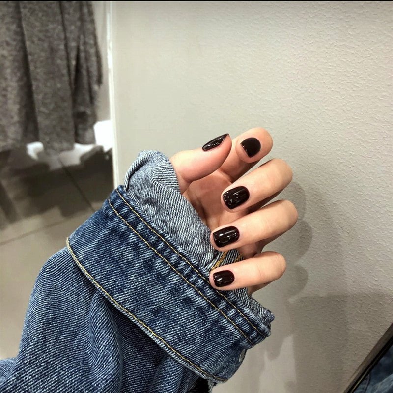 Black Solid Color Short Squoval Press On Nails