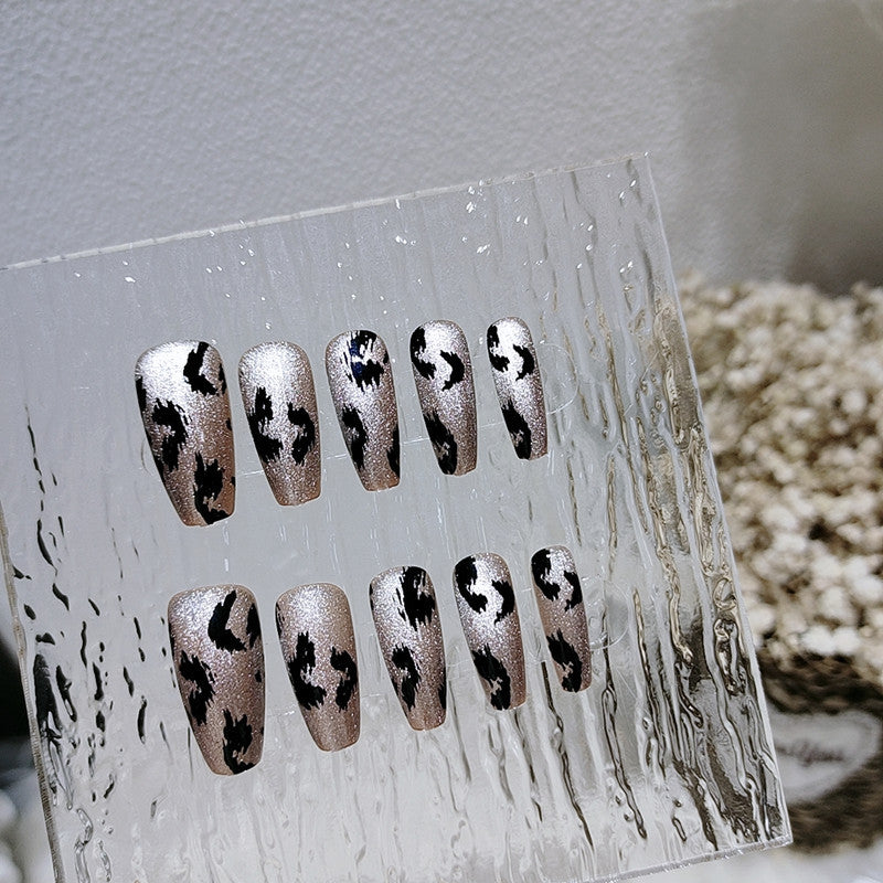 Glitter Leopard Print Brown Medium Coffin Press On Nails - BettyCora