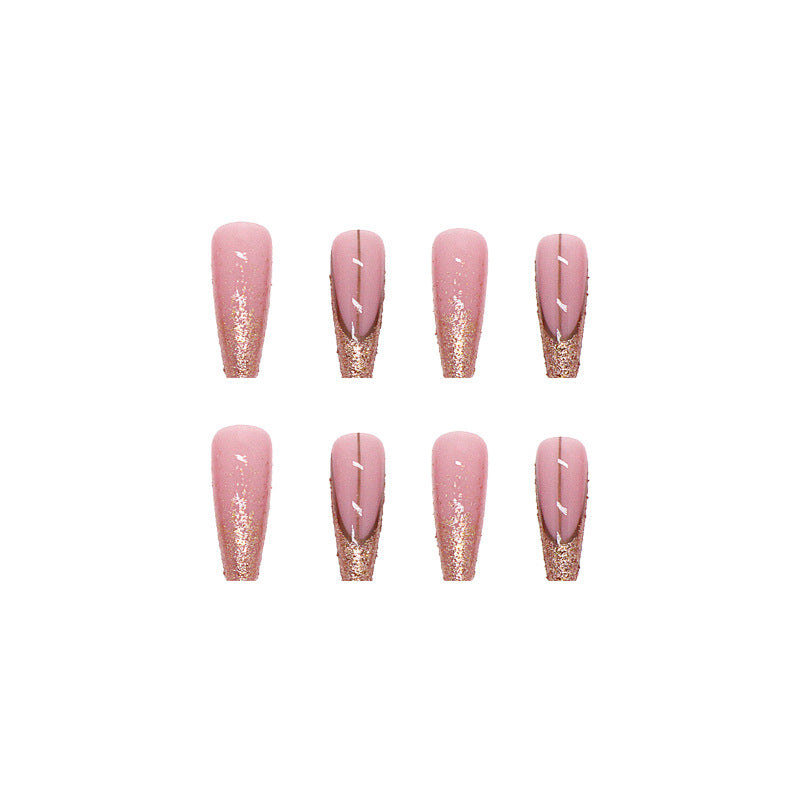 Glitter Christmas French Tip Gold Long Coffin Press On Nails - BettyCora