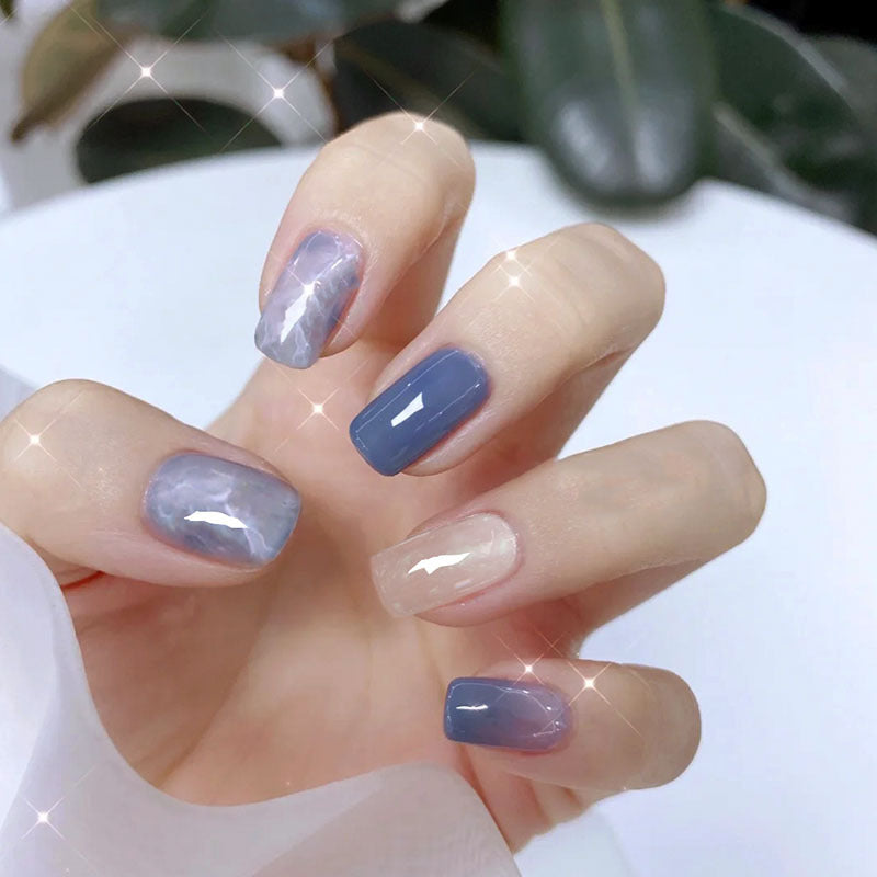 Bmudged Ombre Blue Short Squoval Press On Nails