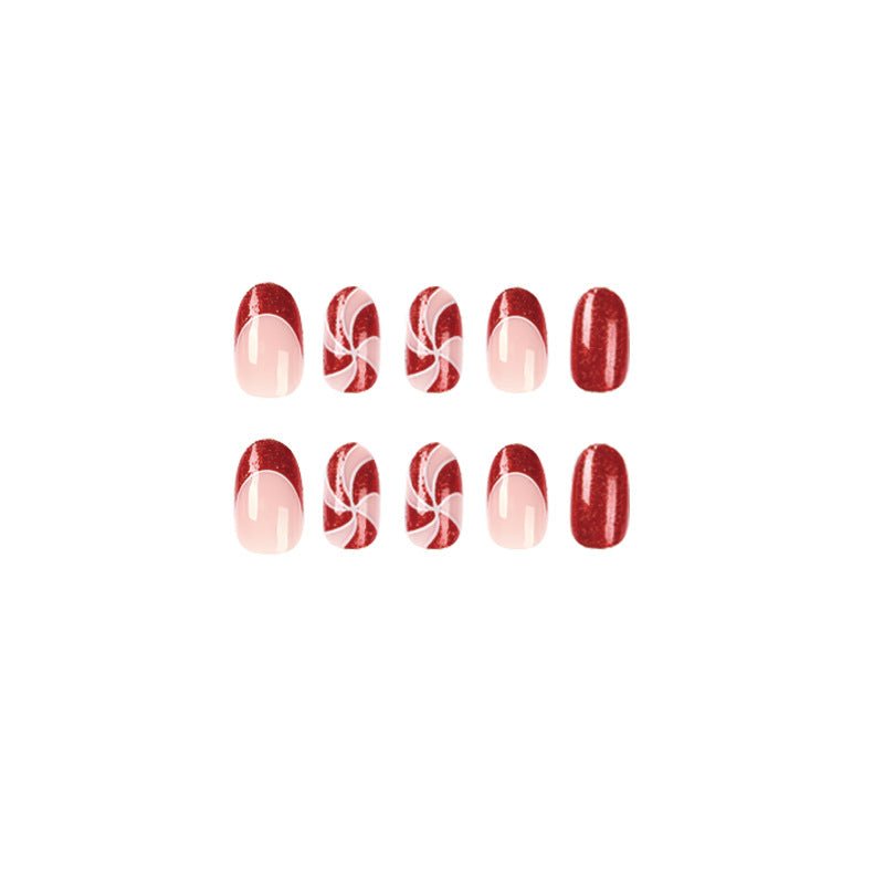 Red Glitter Christmas French Medium Oval Press On Nails - BettyCora