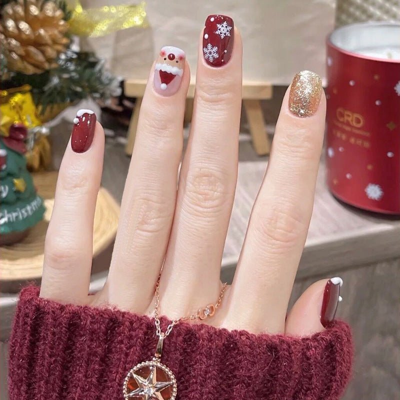 Christmas Red Snowflake Medium Squoval Press On Nails - BettyCora