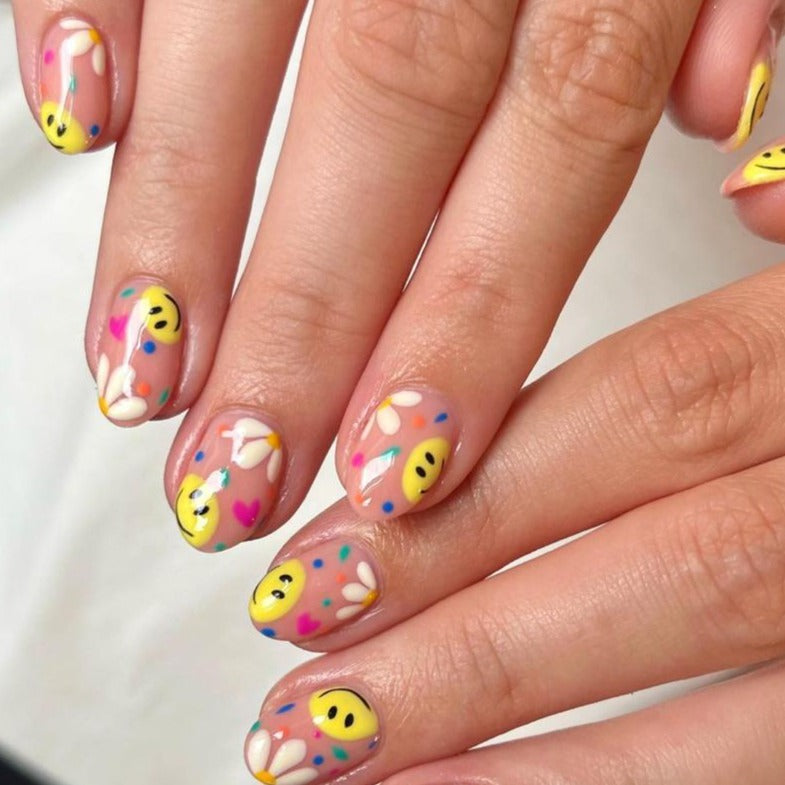 Smiling Face Flower Dot Multicolor Short Squoval Press On Nails