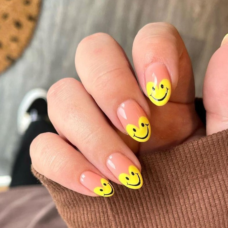 Smiling Face Yellow Medium Oval Press On Nails