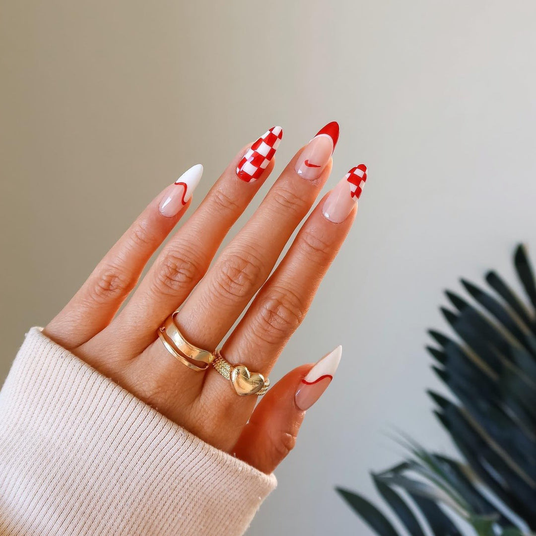 Red Checkerboard French Tip Medium Almond Press On Nails - BettyCora