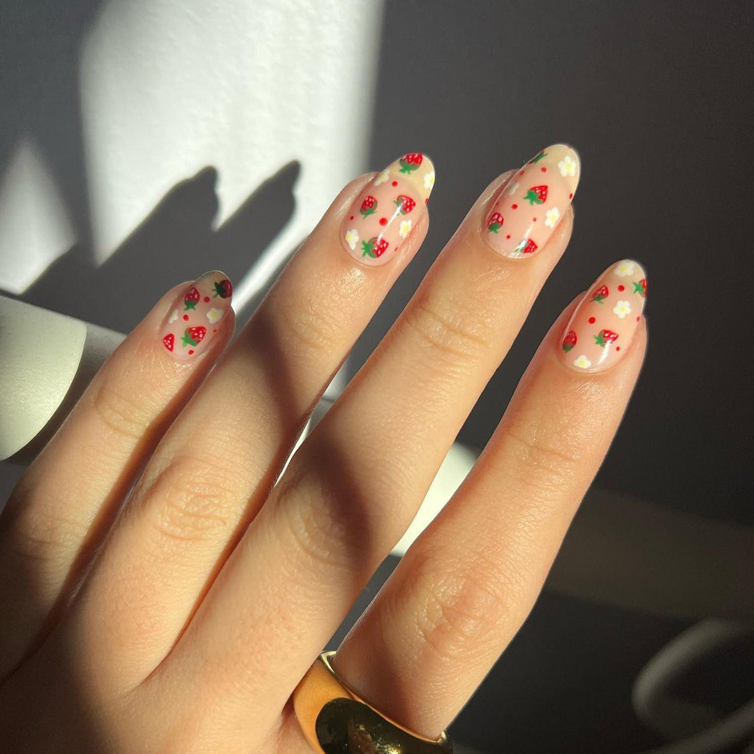 Red Strawberry Flower Short Oval Press On Nails - BettyCora
