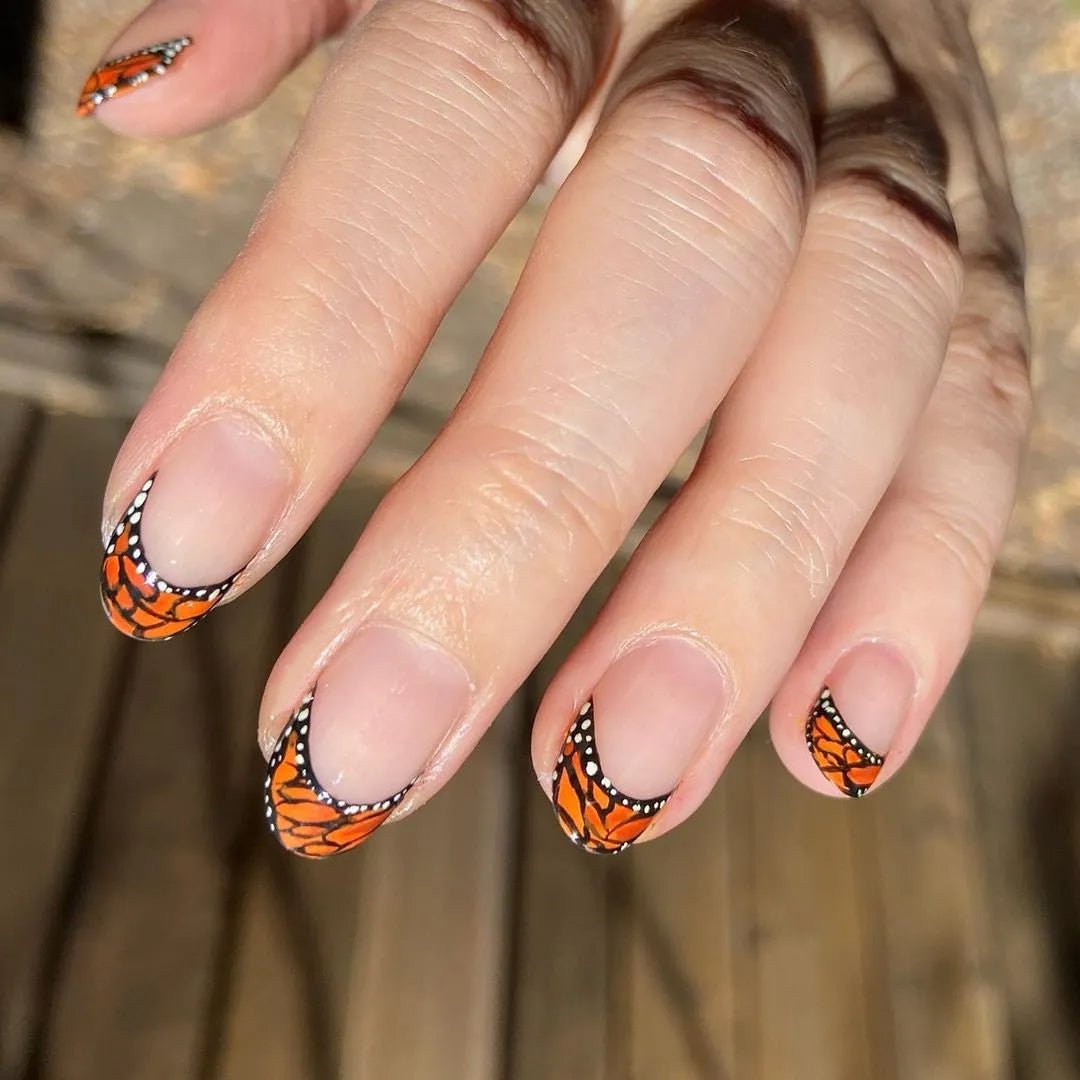 Orange Butterfly French Tip Short Oval Press On Nails - BettyCora
