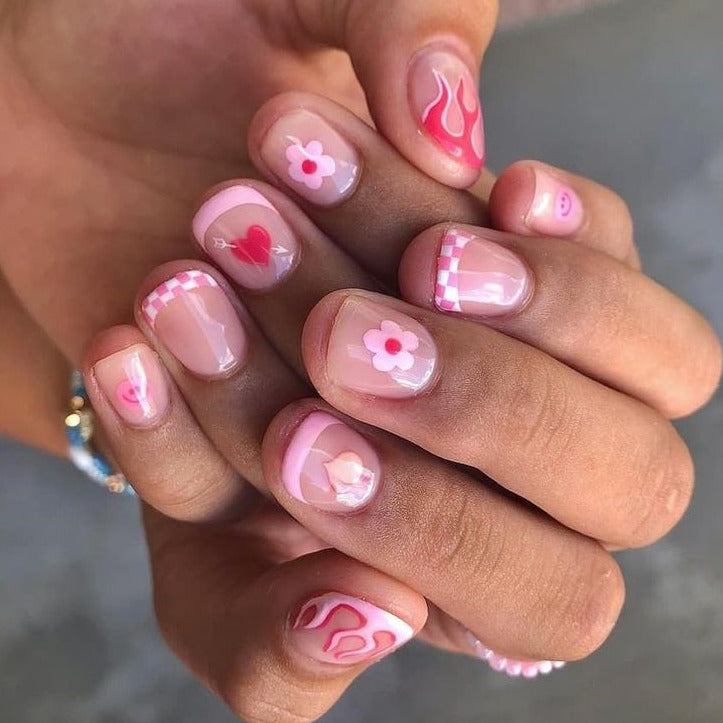 Flower Heart Pink Short Squoval Press On Nails - BettyCora