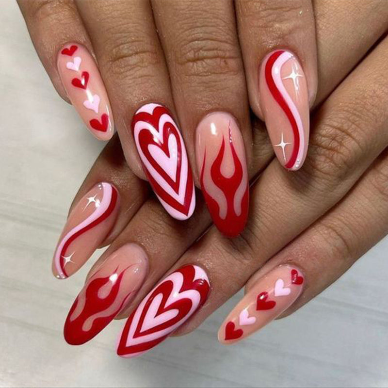 Wave Line Heart Red Long Oval Press On Nails - BettyCora