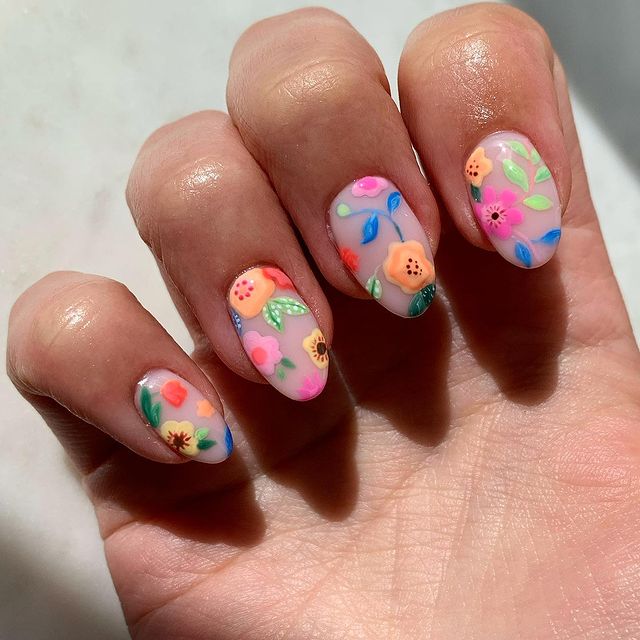 Cute Oil Painting Flowers Short Oval Press On Nails