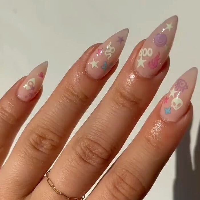 Trendy Pink Star Eyes Long Almond Press On Nails - BettyCora