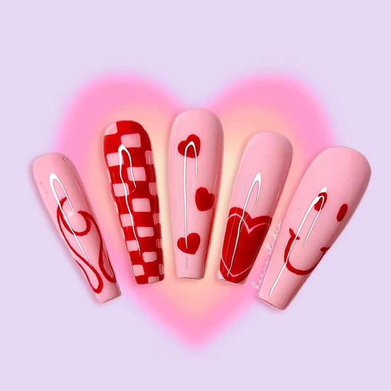 Heart Y2K Smiling Face Pink Long Coffin Press On Nails