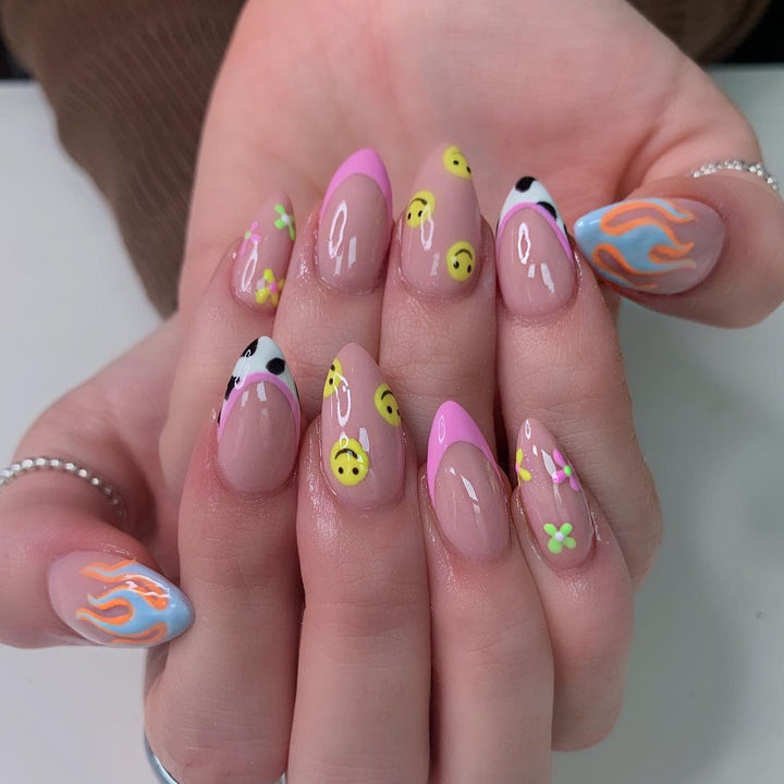 Smiling Face Flower Flame Multicolor Medium Almond Press On Nails