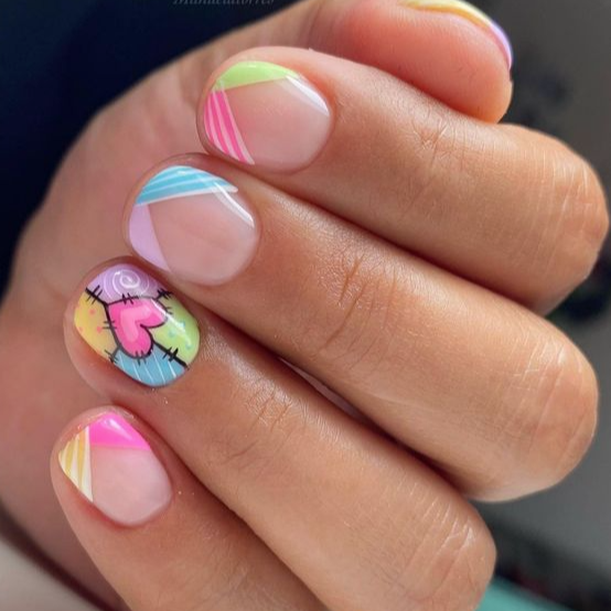 Heart Line Multicolor Short Squoval Press On Nails