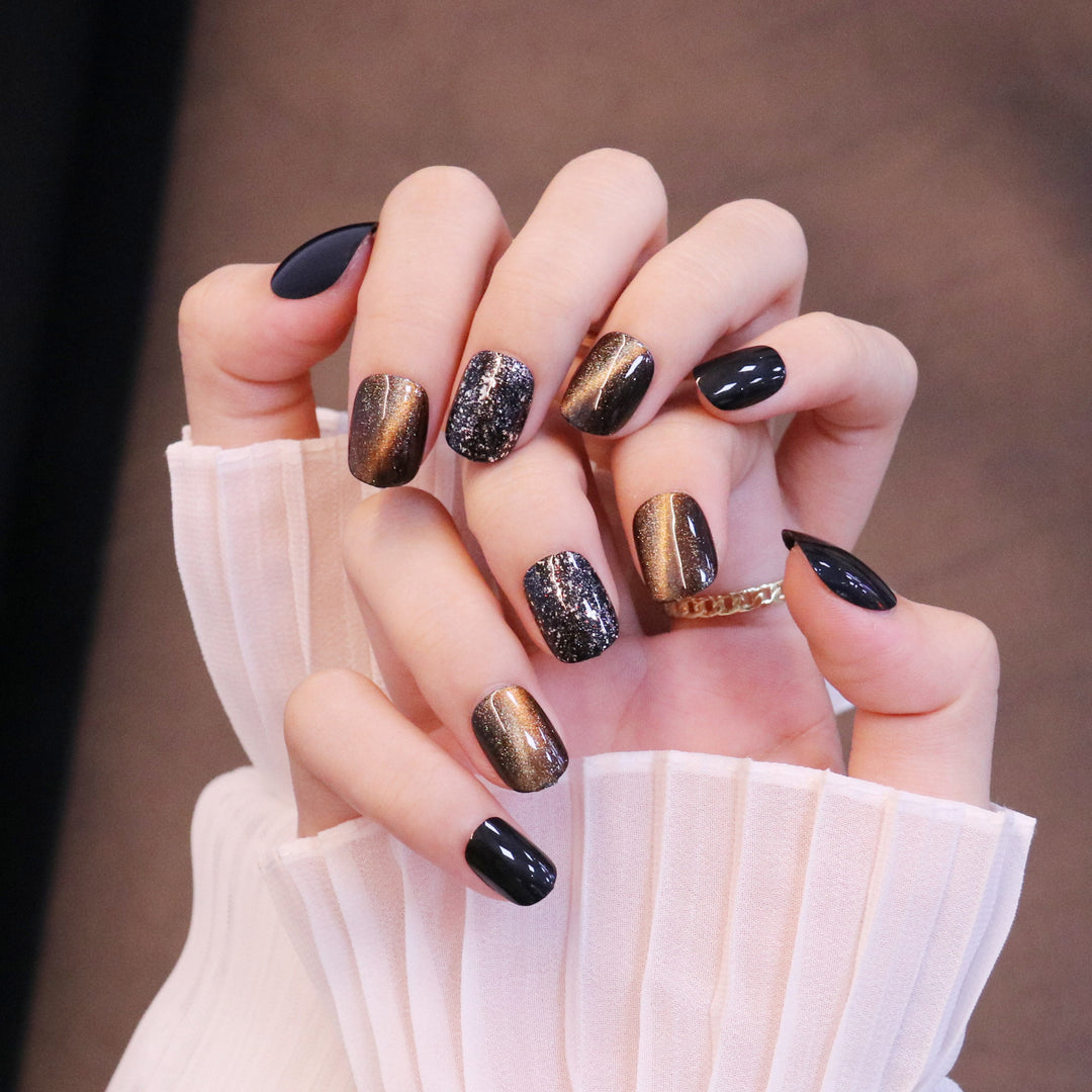 Black Sequins French Tip Short Squoval Press On Nails