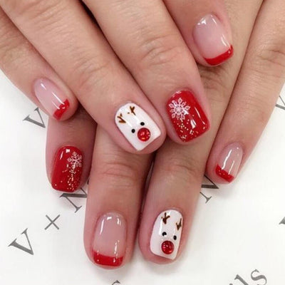 Snowflake Deer Christmas Squoval Short Press On Nails - BettyCora