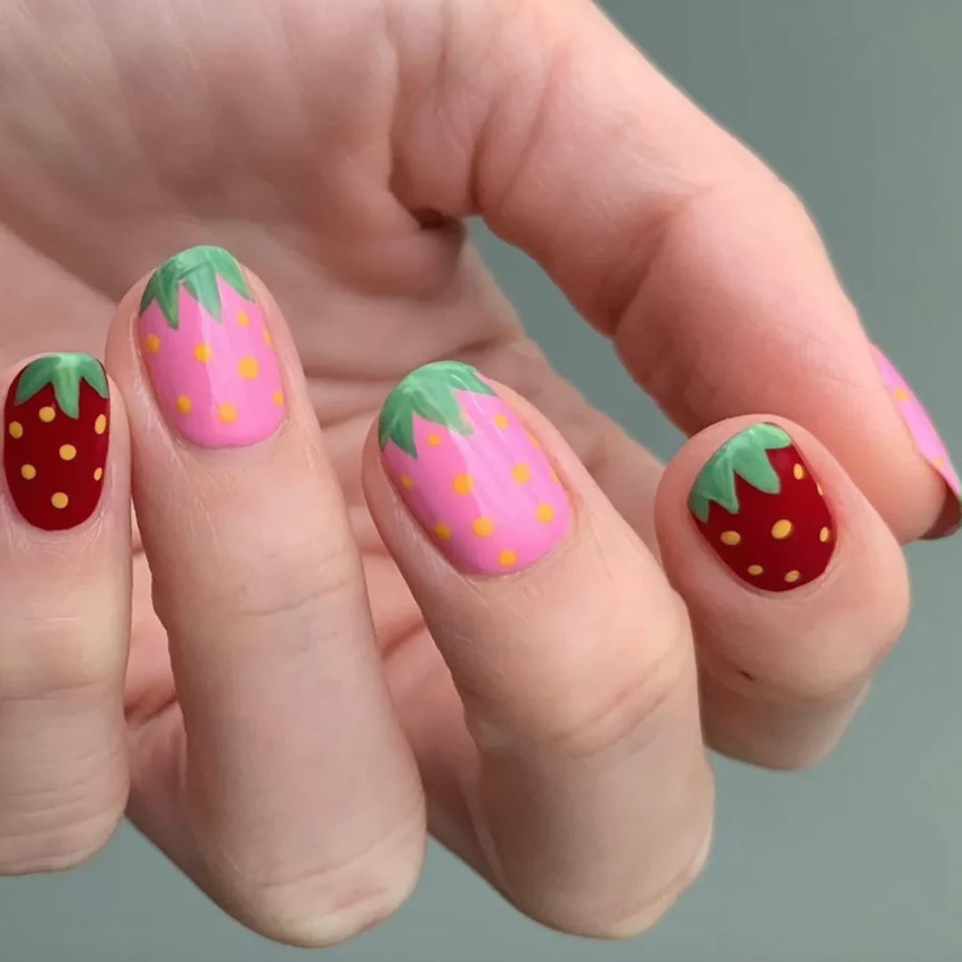 Strawberry Easter Multicolor Cute Press On Nails Short Oval - BettyCora