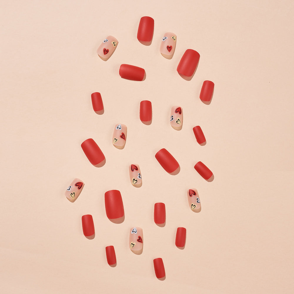 Red Heart Medium Squoval Press On Nails - BettyCora