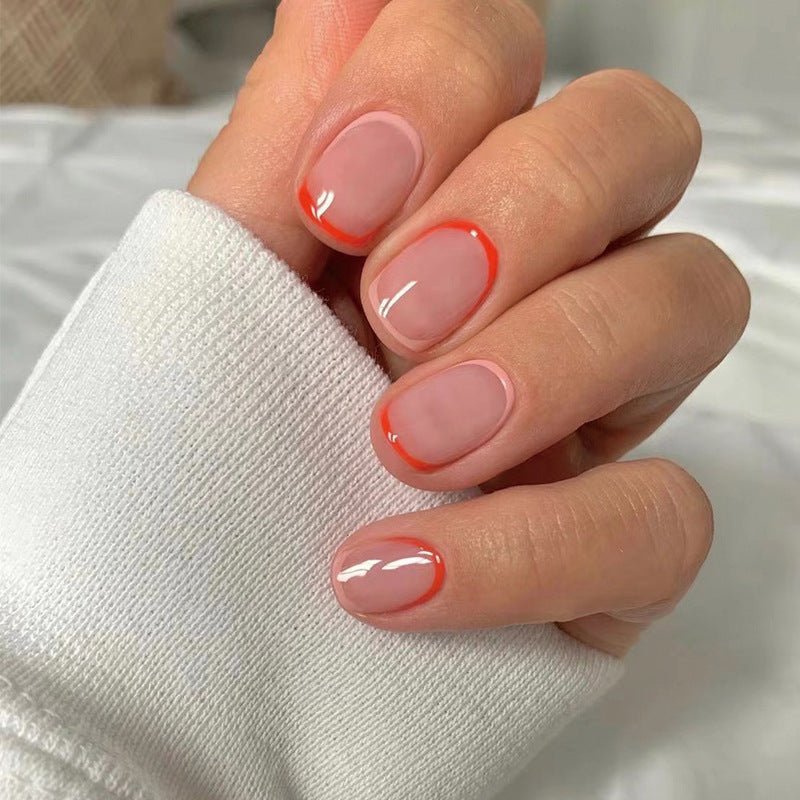 Gentle Red Edge Nude French Tip Short Squoval Press On Nails