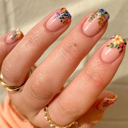 Spring Flowers Leaves Short Squoval Press On Nails - BettyCora